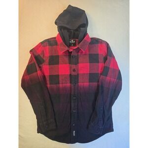 Hollister California Plaid Red & Black Flannel Button Up Hoodie Shirt Men's Sz M